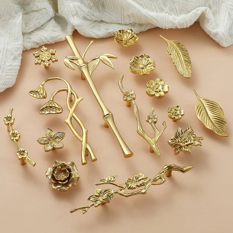 Luxury Brass Flower and Leaf Cabinet Handles – Chinese-Style Decorative Pulls