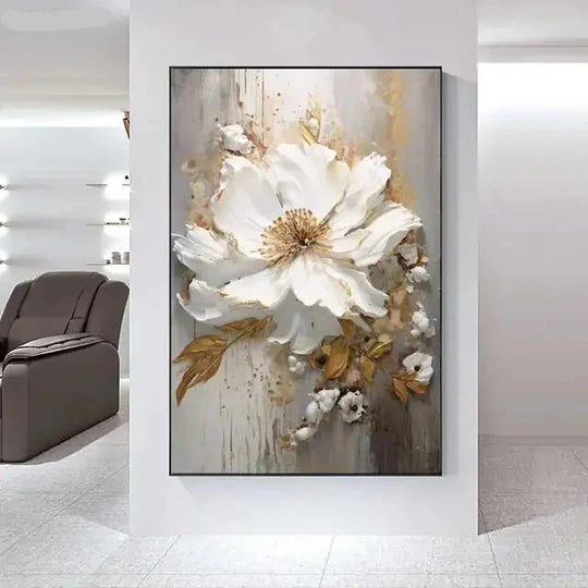 Big White Floral Canvas Wall Art Modern Botanical Decor