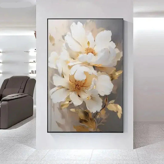 Big White Floral Canvas Wall Art Modern Botanical Decor