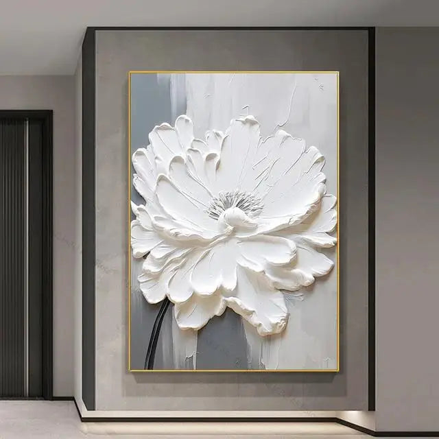 Big White Floral Canvas Wall Art Modern Botanical Decor