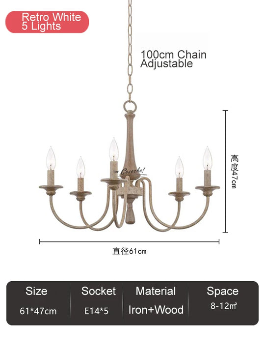 French Vintage Wooden Chandelier – Multi-Light Pendant for Living & Dining Rooms