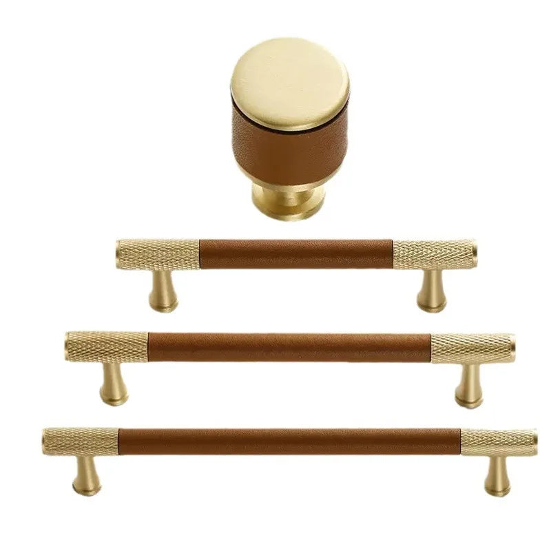 Brown and Black Leather Handles – Brass Knurled Pulls and Knobs for Furniture