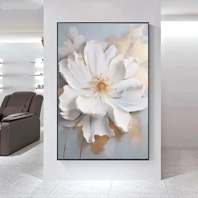Big White Floral Canvas Wall Art Modern Botanical Decor