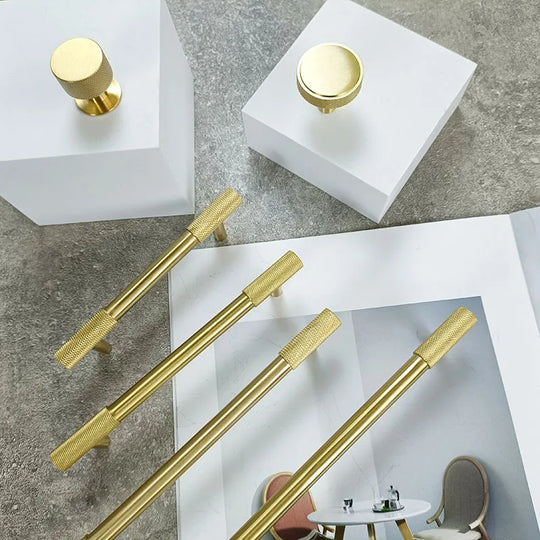 Solid Brass Knurled Cabinet Handles – Satin Gold Wardrobe Pulls and Drawer T-Bars