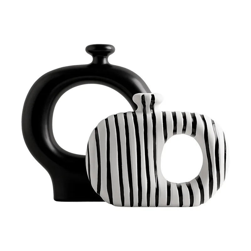Retro Black and White Striped Ceramic Vase for Living Room Decor