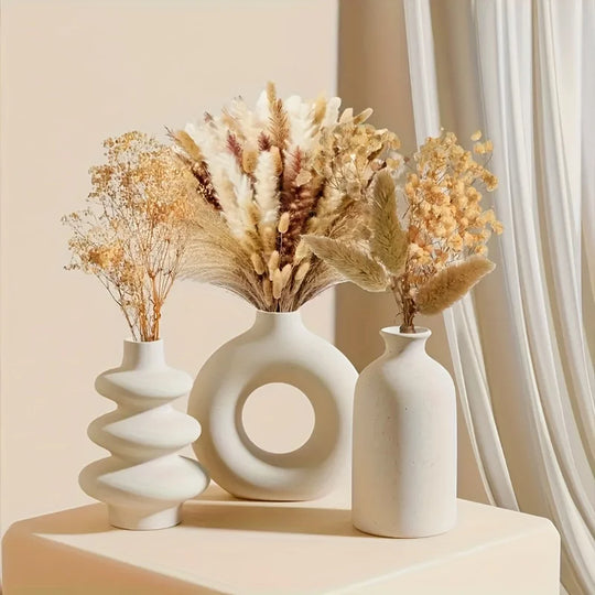 Set of 3 White Ceramic Decorative Vases for Home Styling