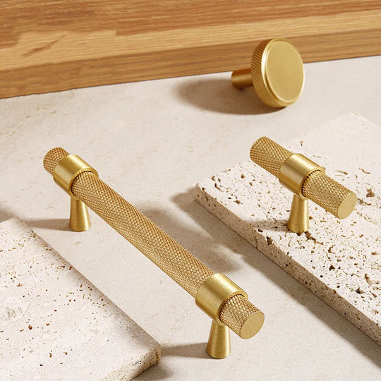 Solid Brass Knurled Furniture Handles – Textured Pulls and Knobs for Cabinets and Wardrobes