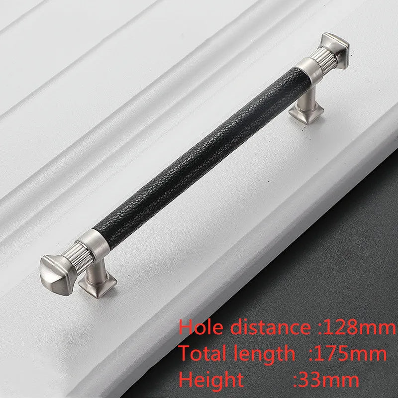 Modern Leather and Zinc Alloy Cabinet Handle – Elegant Pulls for Kitchen, Wardrobe, and Furniture (96mm)