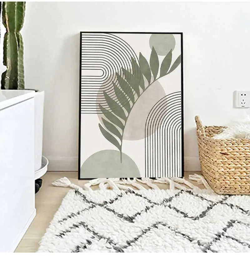Sage Green Abstract Geometric Botanical Canvas Wall Art