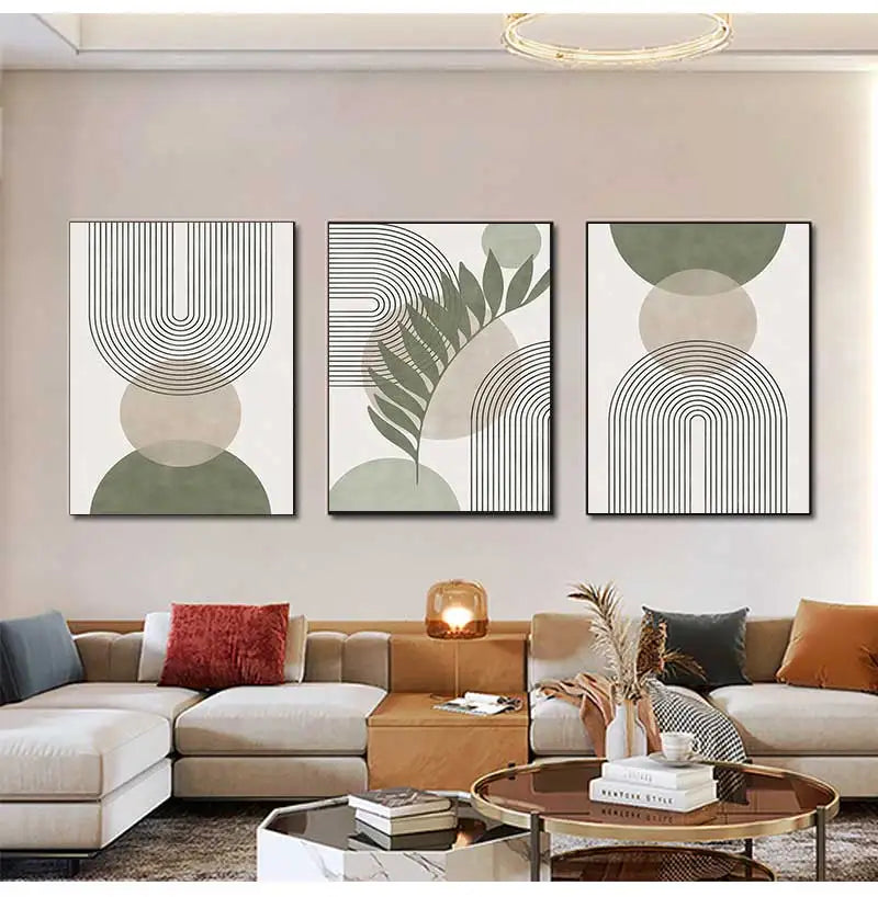 Sage Green Abstract Geometric Botanical Canvas Wall Art