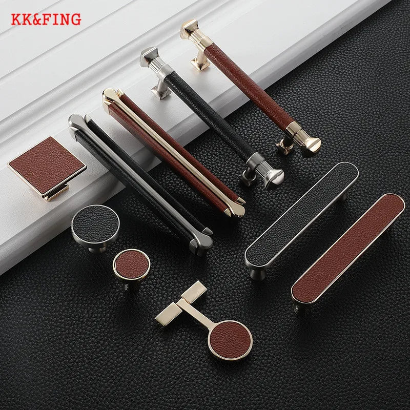 Modern Leather and Zinc Alloy Cabinet Handle – Elegant Pulls for Kitchen, Wardrobe, and Furniture (96mm)