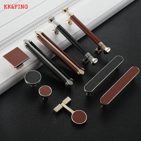 Modern Leather and Zinc Alloy Cabinet Handle – Elegant Pulls for Kitchen, Wardrobe, and Furniture (96mm)