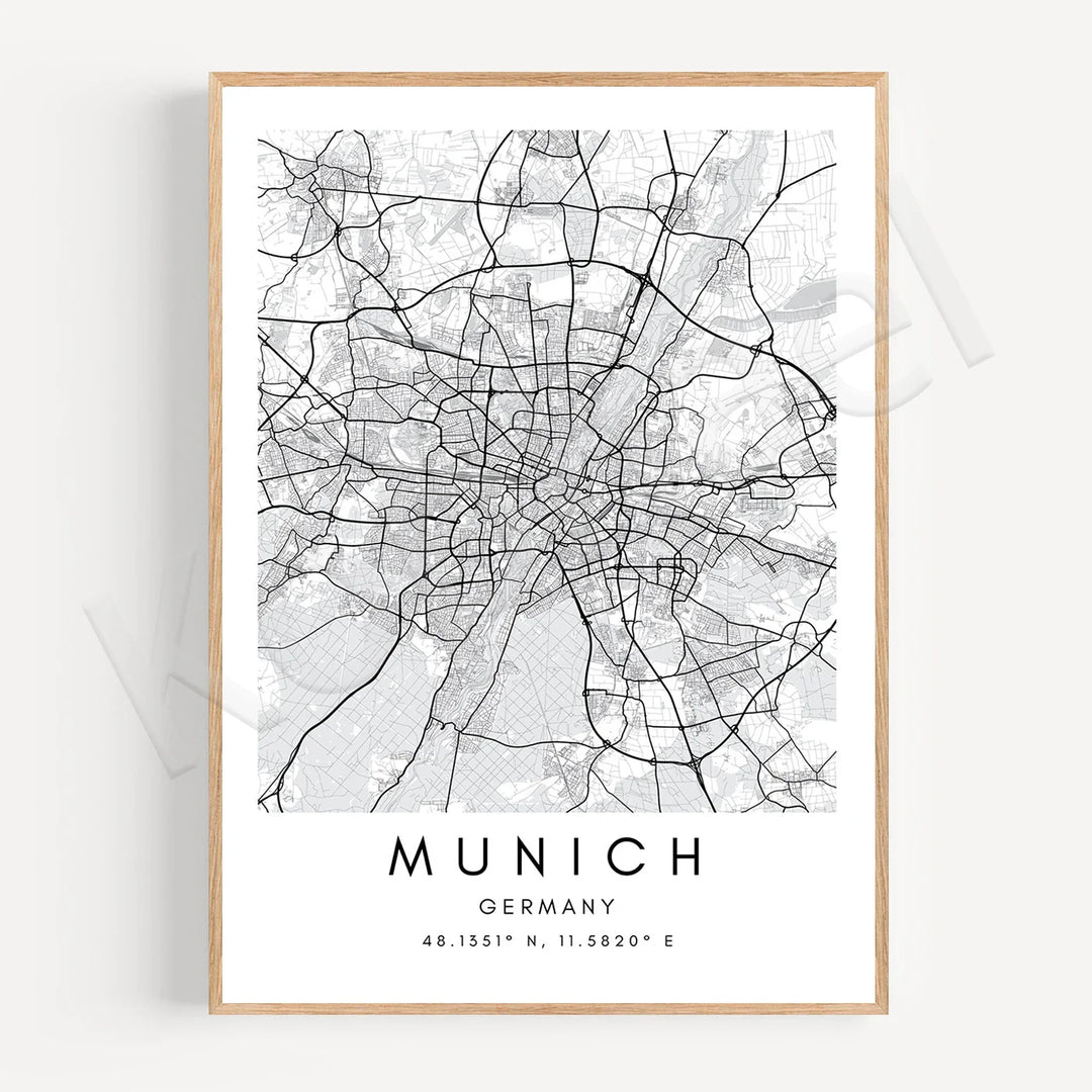 Minimalist Black White City Map Wall Art Canvas Print