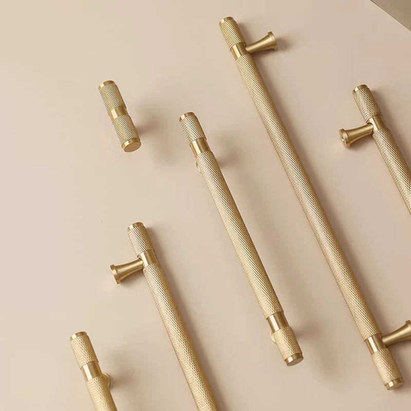 Gold Knurled Brass Handles – Modern Textured Pulls and Knobs for Furniture (50–500mm)