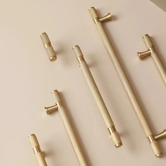 Gold Knurled Brass Handles – Modern Textured Pulls and Knobs for Furniture (50–500mm)