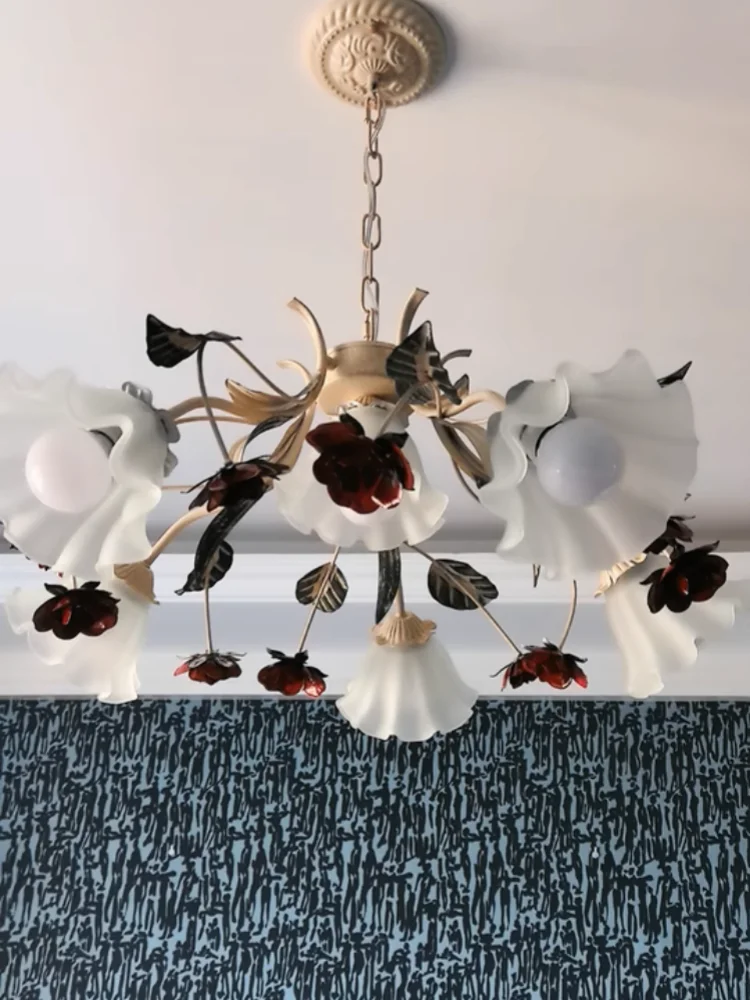 French Retro Flower Glass Chandelier for Bedroom & Living Room