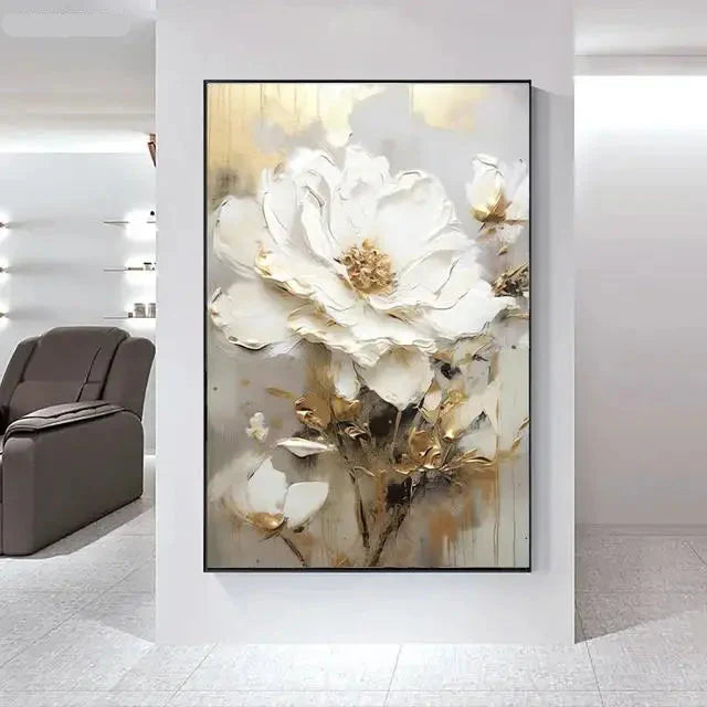 Big White Floral Canvas Wall Art Modern Botanical Decor
