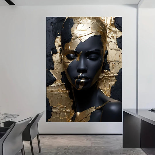 Abstract Black Golden Woman Portrait Canvas Wall Art