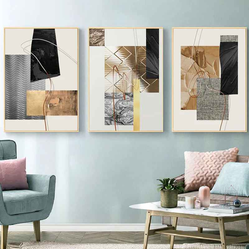 Golden Geometric Textural Montage Abstract Canvas Wall Art Unframed