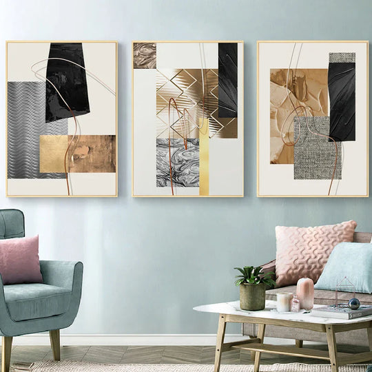 Golden Geometric Textural Montage Abstract Canvas Wall Art Unframed