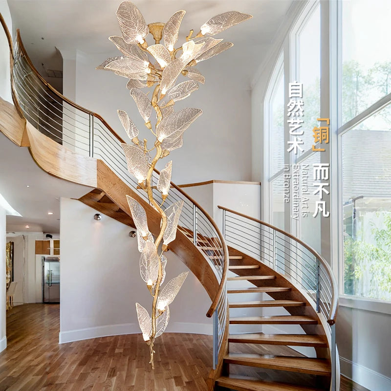 Luxury Leaf Chandelier Copper Pendant Light for Staircase & Villa
