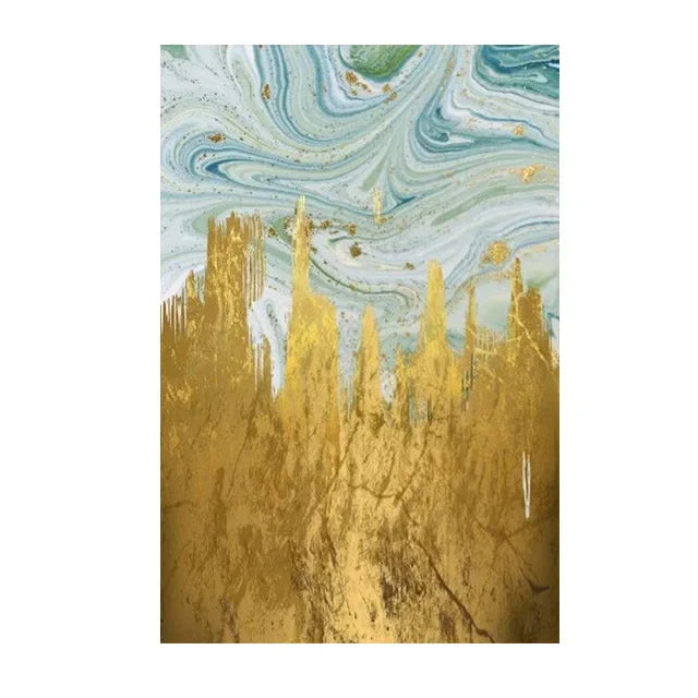 Abstract Liquid Golden Aqua Marble Canvas Wall Art Unframed