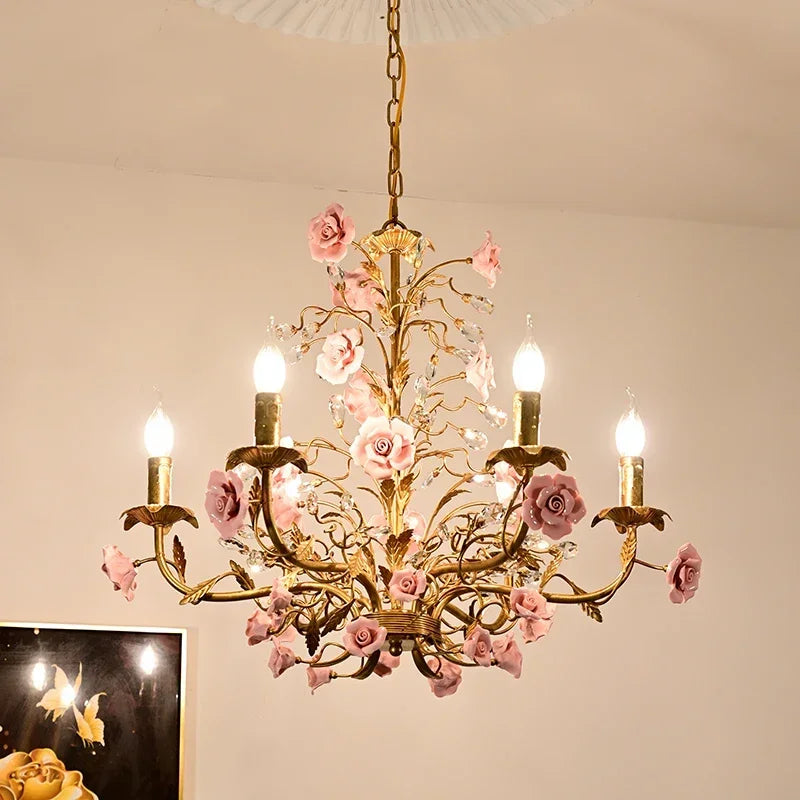 French Retro Pastoral Rose Ceiling Chandelier – Candle Style Lighting