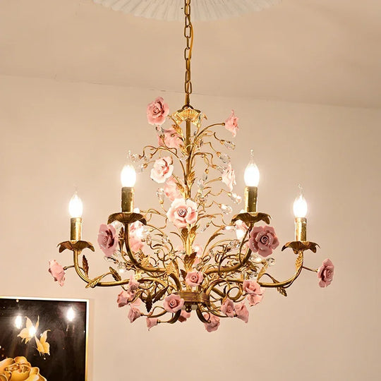 French Retro Pastoral Rose Ceiling Chandelier – Candle Style Lighting
