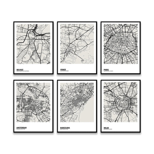 Minimalist Black White City Map Wall Art Canvas Print