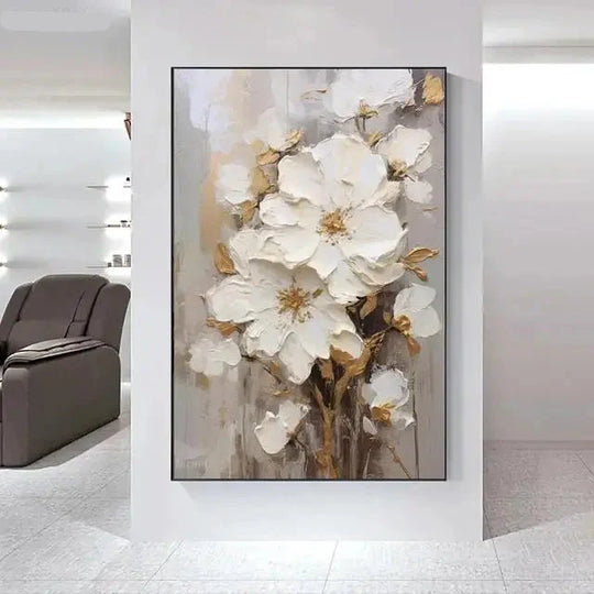 Big White Floral Canvas Wall Art Modern Botanical Decor