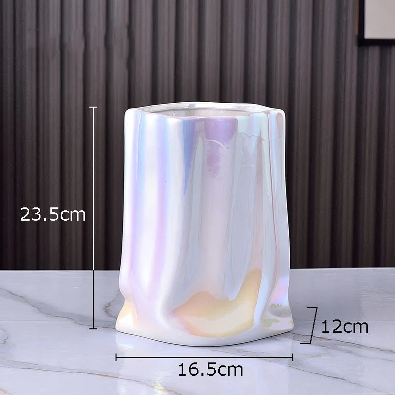 Pleated Texture Gold Plated Ceramic Vase for Desk and Home Decor