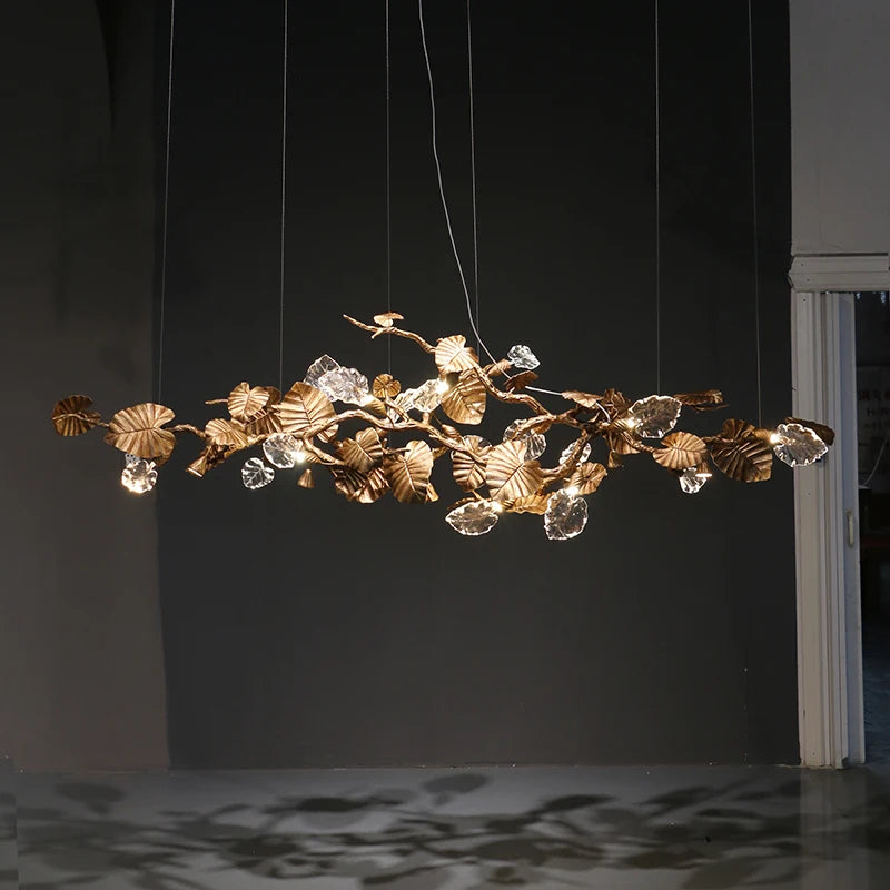 Luxury Copper Branch Chandelier with Leaf Crystal Pendant Lights