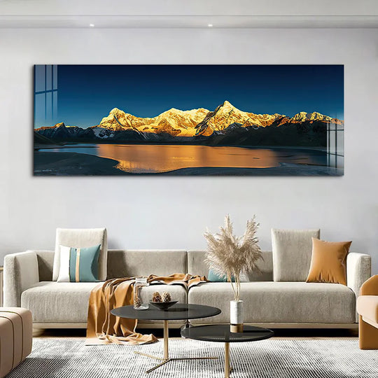 Wide Format Golden Mountain Lake Landscape Canvas Wall Art