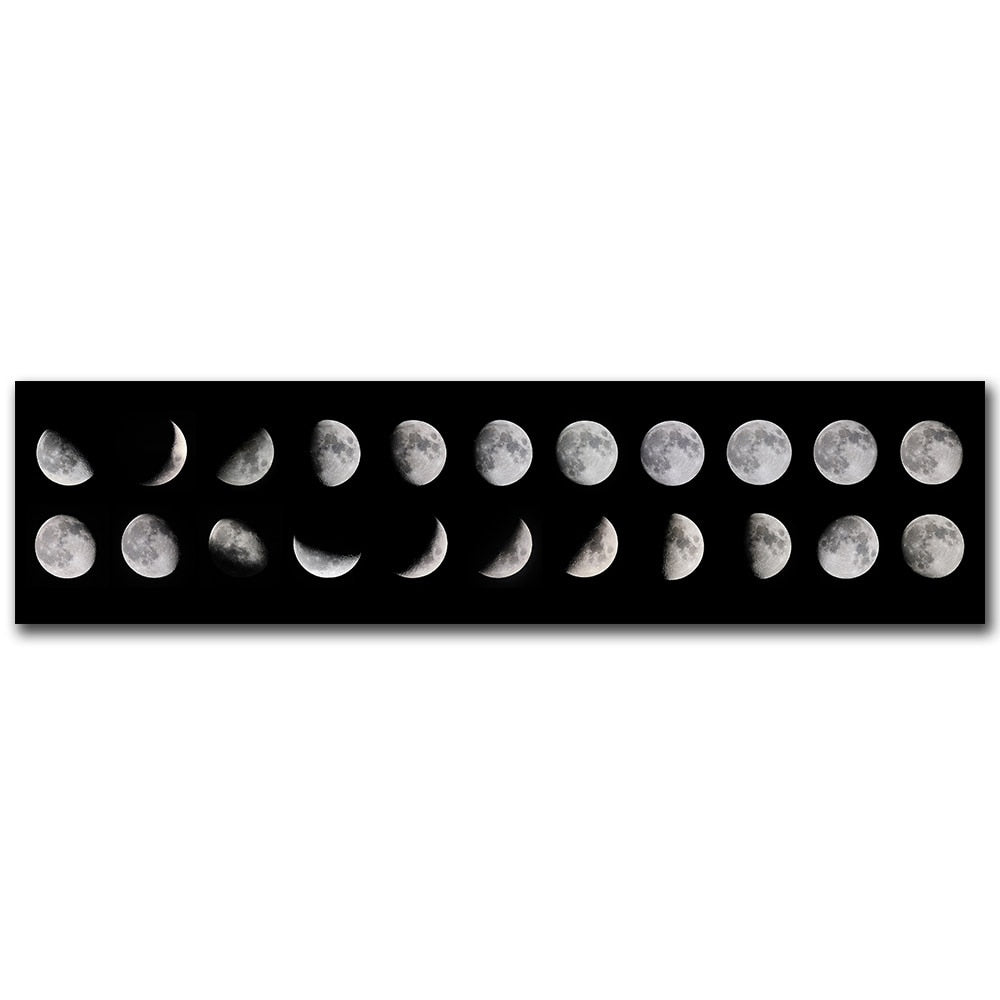Moon Phases Wide Format Black and White Canvas Wall Art