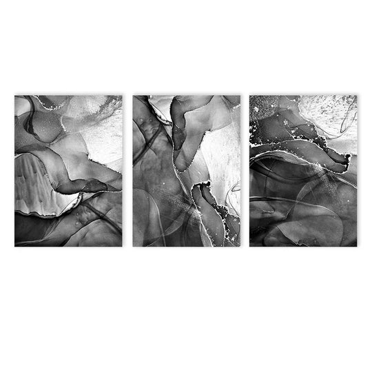 Black White Gray Liquid Marble Abstract Canvas Wall Art Set of 3