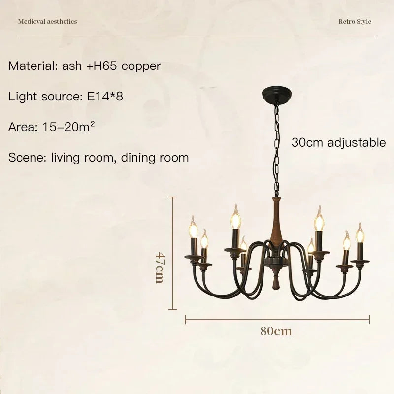 Nordic Retro Solid Wood & Wrought Iron Candle Chandelier – Art Deco Pendant Light