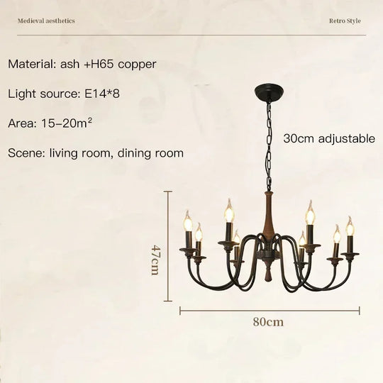 Nordic Retro Solid Wood & Wrought Iron Candle Chandelier – Art Deco Pendant Light