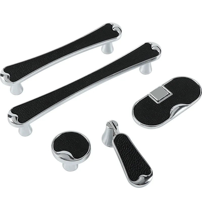 Modern Black and Red Leather Cabinet Handle – Zinc Alloy Pulls for Wardrobes and Cupboards (96mm/128mm)