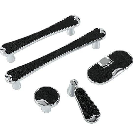 Modern Black and Red Leather Cabinet Handle – Zinc Alloy Pulls for Wardrobes and Cupboards (96mm/128mm)