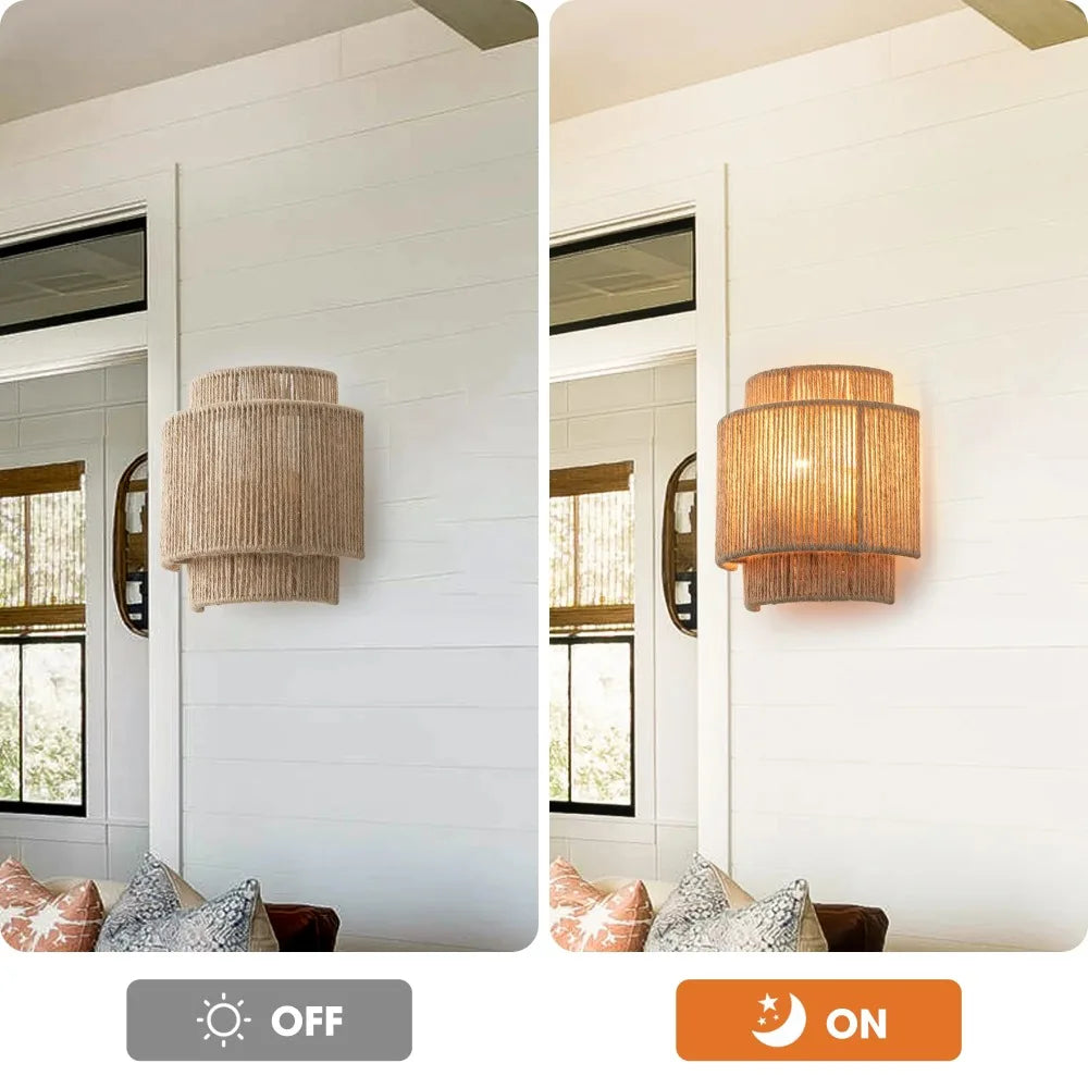 Boho Farmhouse Wall Sconce Hemp Rope Rattan Rustic Indoor Light