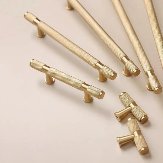 Gold Knurled Brass Handles – Modern Textured Pulls and Knobs for Furniture (50–500mm)