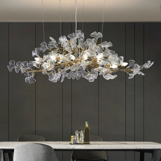 Glass Ginkgo Leaf Chandelier with Gold Branch Frame