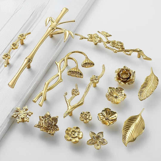 Luxury Brass Flower and Leaf Cabinet Handles – Chinese-Style Decorative Pulls