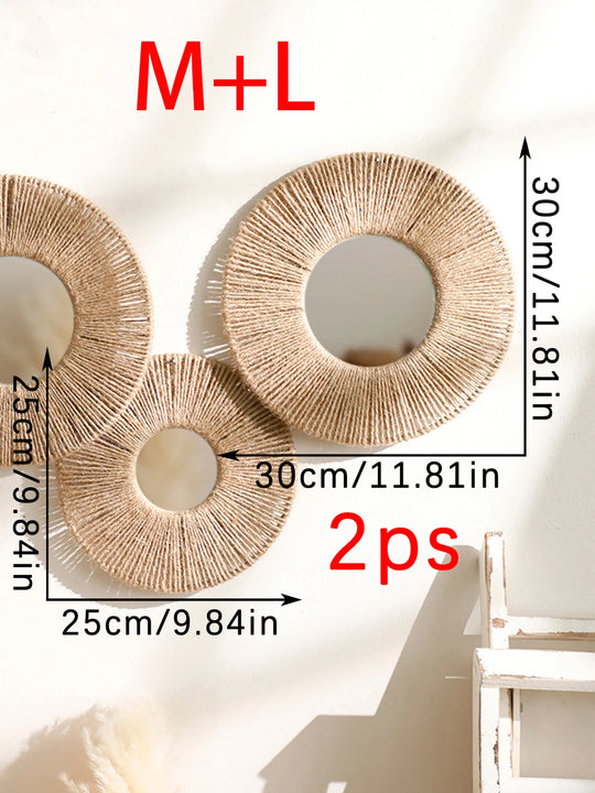 Round Hanging Wall Mirror with Woven Hemp Rope Decor