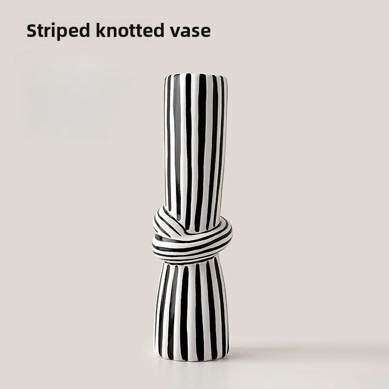 Retro Black and White Striped Ceramic Vase for Living Room Decor