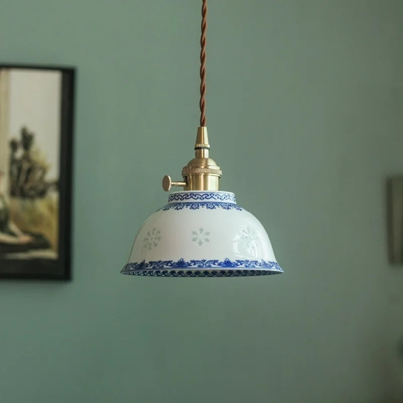 Patterned Ceramic Pendant Lamp with Vintage Copper Finish
