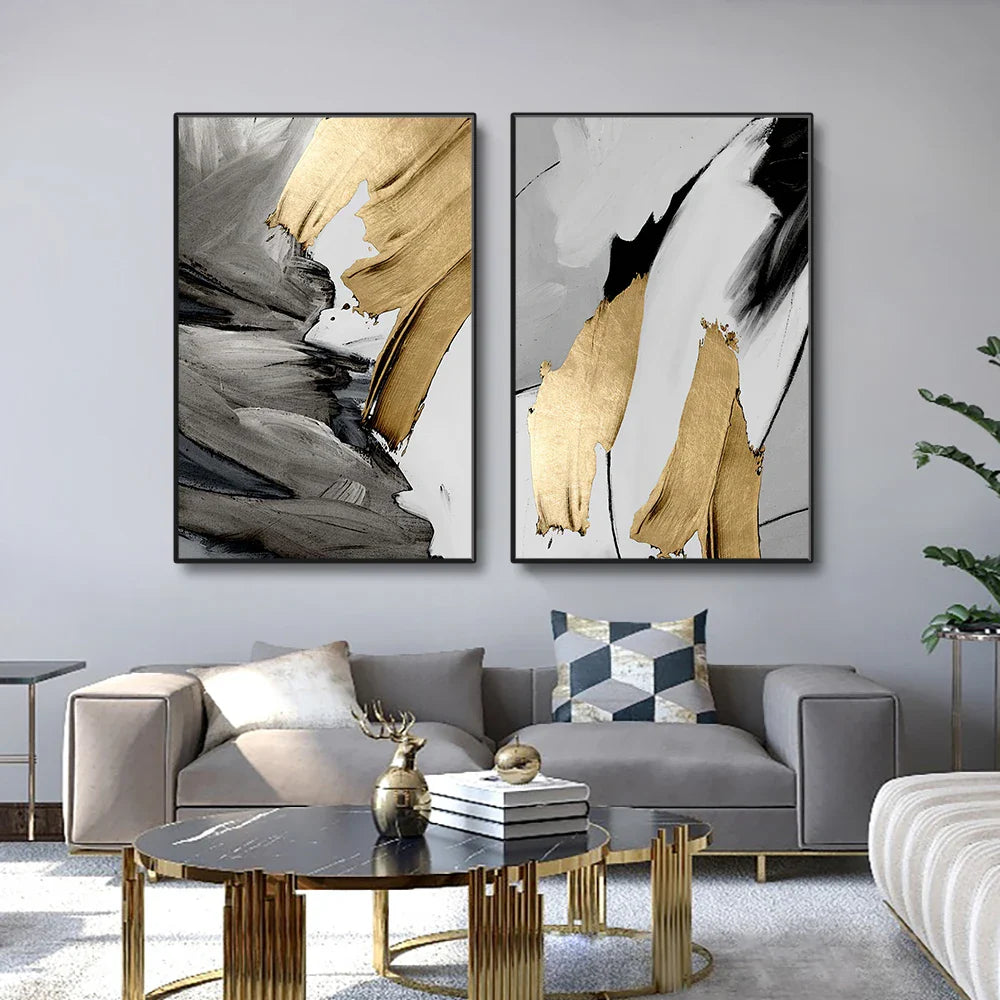 Set of 3 Thick Brush Grey Golden Abstract Canvas Wall Art