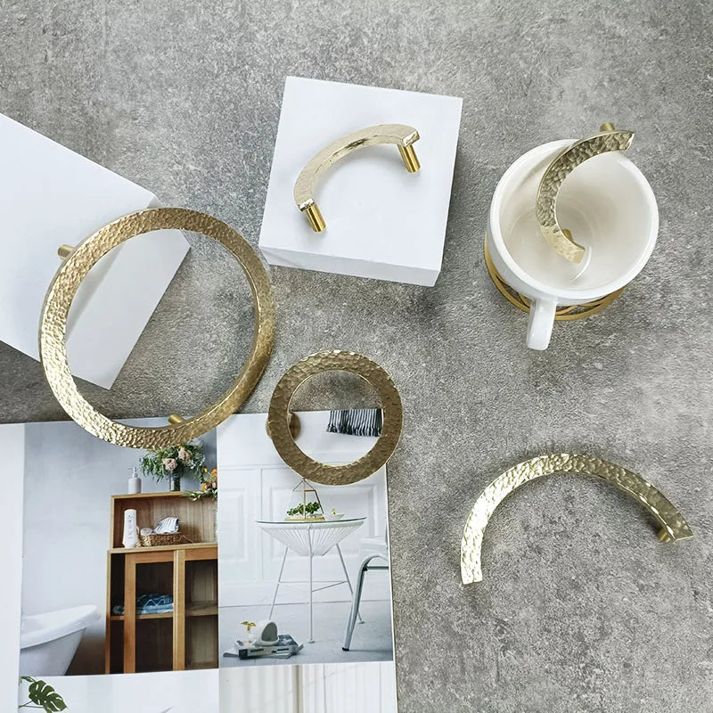 Round Hammered Brass Wardrobe Handles – Circle and Semi-Circle Knobs for Cabinets and Drawers