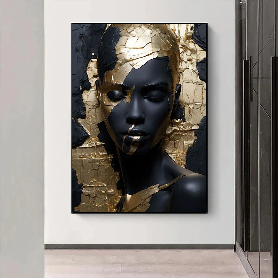 Abstract Black Golden Woman Portrait Canvas Wall Art