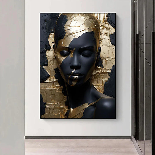 Abstract Black Golden Woman Portrait Canvas Wall Art